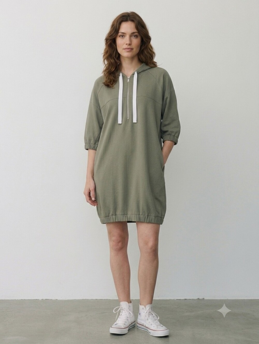 Zara Khaki Hooded Sweatshirt Dress with White Drawstring